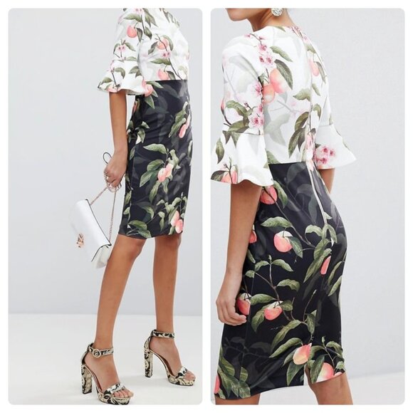 Ted Baker Areea Knee Lenght Dress Peach Blossom Bell Sleeve Multicolor Size 10 - Picture 1 of 15